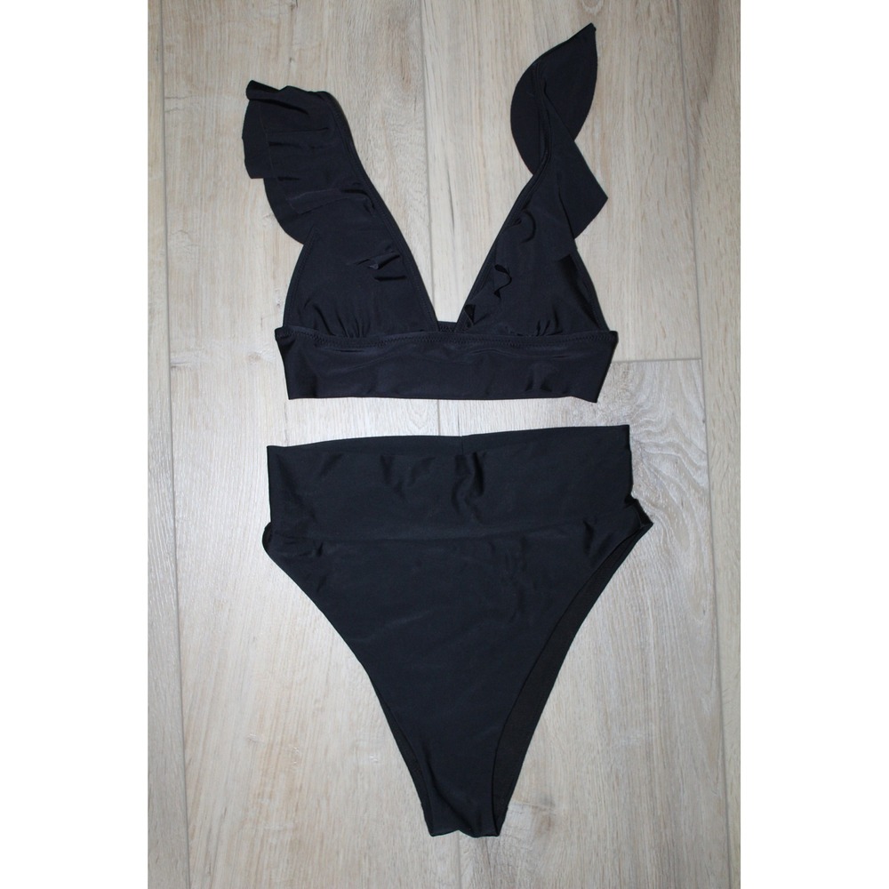 Aerie Womens Black Ruffle Triangle Bikini Top XS and High Waist Bottom Small Set